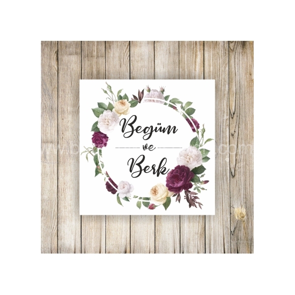 Bordo Çiçekli Nikah Şekeri Etiketi - 100